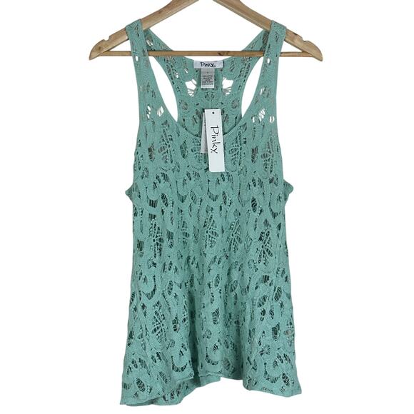 NWT Pinky Tank Top Womens L Teal Blue 100% Cotton Sheer Crochet Lace Boho Y2K - Picture 1 of 5